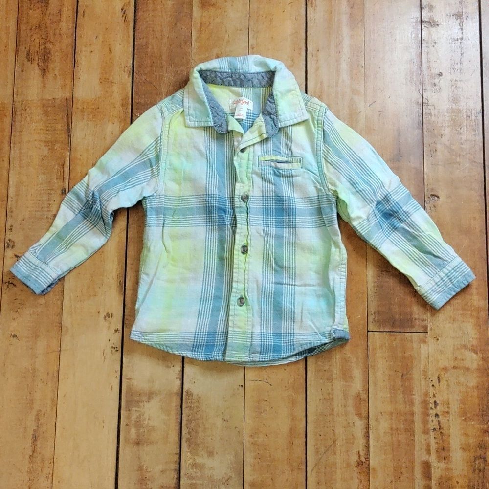 Cat & Jack Shirt 2T Button Down Plaid Green Blue Cotton Easter Spring